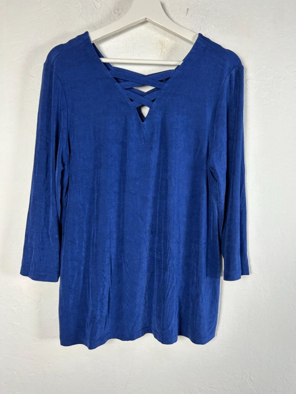 Travelers By Chico's Womens Blue Criss Cross Soft Jersey Knit Top Size 2 Stretch